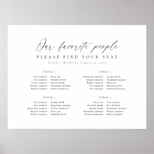 4 Tabellen Unsere Lieblings-Sitzplan Poster (Vorne)