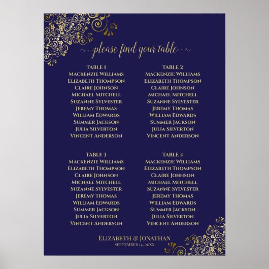 4 Table Lacy Gold Hochzeitskarte Navy Blue Poster (Vorne)