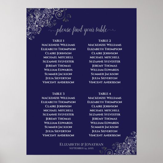 4 Table Lacy Gray Wedding Seating Chart Navy Blue Poster (Vorne)