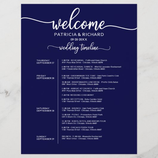 4 Tage Hochzeit Itinerary Chic Timeline Blue (Vorderseite)
