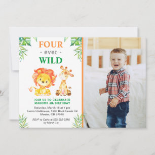 4. Wilder Dschungel-Safari-Löwe-Vierter-Geburtstag Einladung