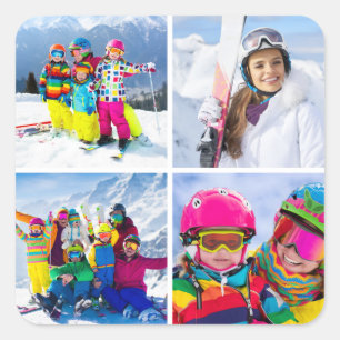 4 Winterferien-Foto-Raster-Collage Quadratischer Aufkleber