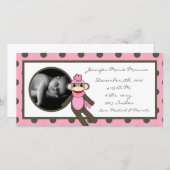 4 x 8 Rosa-Socken-Affe Geburtsankündigung Ankündigung (Vorne/Hinten)