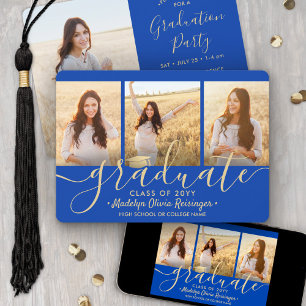 4er Foto-Collage Royal Blau und Gold Abschlussfeie Einladung