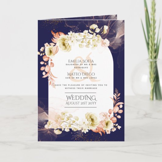 4pg Navy Blue Coral Floral Wedite Program Karte (Vorderseite)