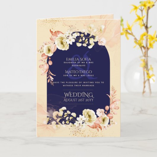 4pg Navy Blue Coral Floral Wedite Program Karte (Gelbe Blume)