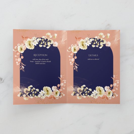 4pg Navy Blue Coral Floral Wedite Program Karte (Innenseite)