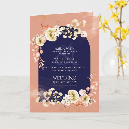 4pg Navy Blue Coral Floral Wedite Program Karte (Gelbe Blume)
