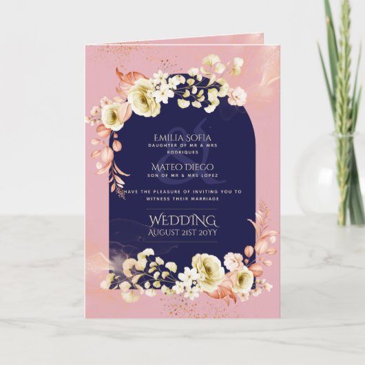 4pg Navy Dusty Rose Floral Wedding InviteProgramm  Karte (Vorderseite)