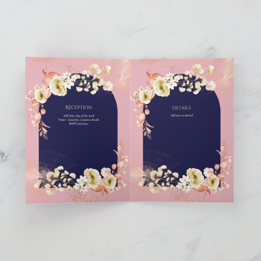 4pg Navy Dusty Rose Floral Wedding InviteProgramm Karte (Innenseite)