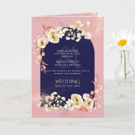4pg Navy Dusty Rose Floral Wedding InviteProgramm  Karte