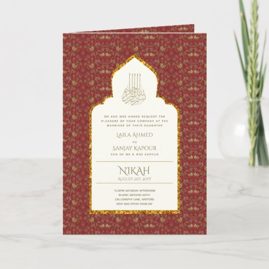 4pg NIKAH WALIMA Invite Red Gold Verziert Islamisc Karte (Vorderseite)