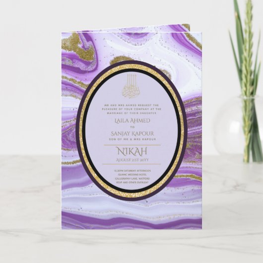 4Pg NIKAH WALIMA Lila Gold Marmor Agate Glitzer Karte (Vorderseite)