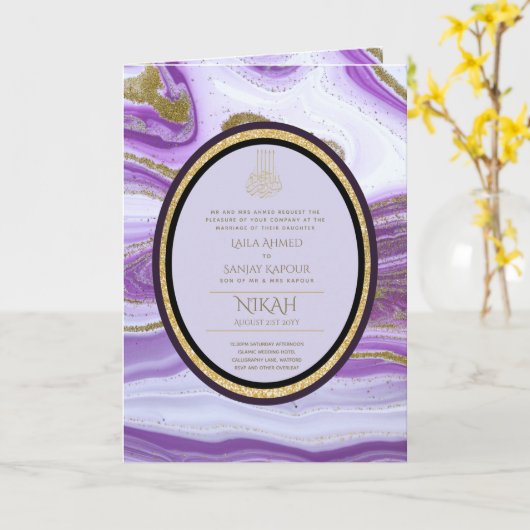 4Pg NIKAH WALIMA Lila Gold Marmor Agate Glitzer Karte (Gelbe Blume)