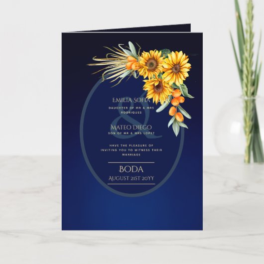 4pg Spanische BODA Einladungen, Blue Sunflowers Au Karte (Vorderseite)