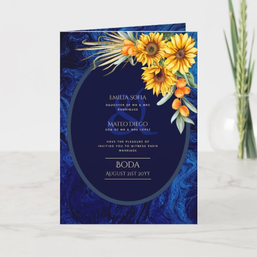 4pg Spanische BODA Einladungen, Blue Sunflowers Au Karte (Vorderseite)