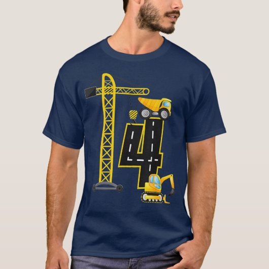 4th Birthday Construction Vehicles Diggers Crane T-Shirt (Vorderseite)