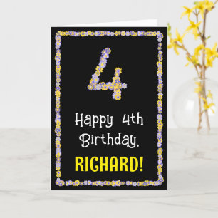 4th Birthday: Floral Flowers Number, Custom Name Karte