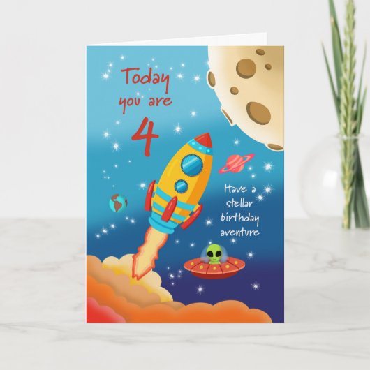 4th Birthday Stellar Adventure Space Rocket Card Karte (Vorderseite)