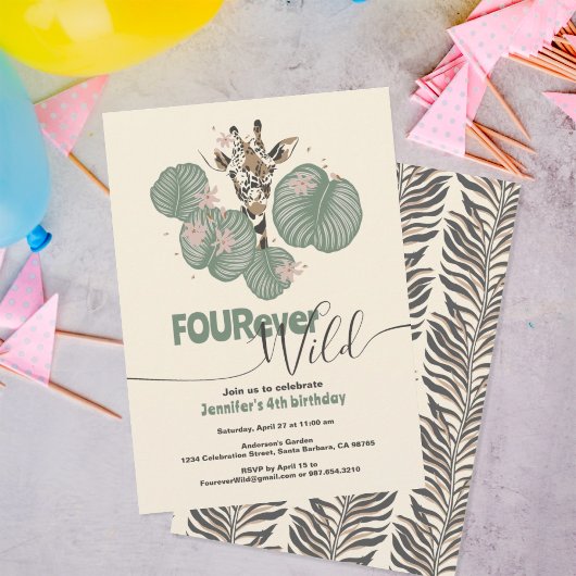 4th Birthday Tropical Giraffe Animal Party Einladung
