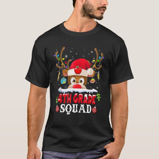 4th Grade Squad Plaid Reindeer Santa Hat Teacher C T-Shirt (Vorderseite)