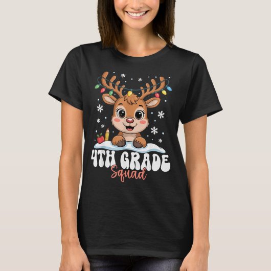 4th Grade Squad Reindeer Christmas Lights Cute Win T-Shirt (Vorderseite)