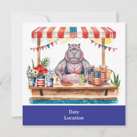 4th July Pool Party with Hippo in Bikini  Einladung (Vorderseite)