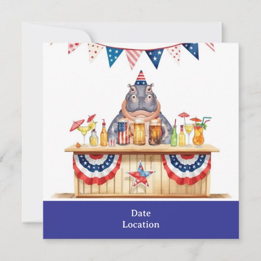 4th July Pool Party with Hippo in Bikini Save The Date (Vorderseite)