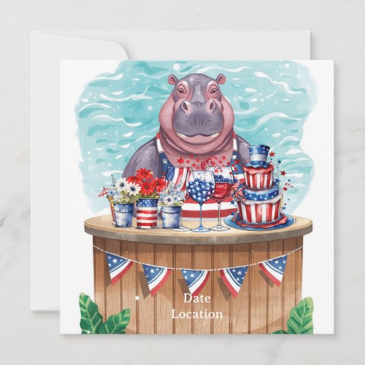 4th July Pool Party with Hippo in Bikini Save The Date (Vorderseite)