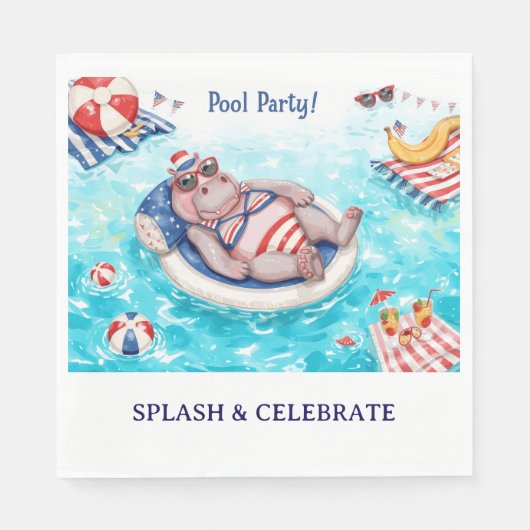 4th July Pool Party with Hippo in Bikini Serviette (Vorderseite)