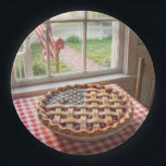 4th of July American Flag Cherry Pie Pappteller<br><div class="desc">Cherry pie with an American flag lattice crust on a red and white checkered tablecloth by a farmhouse window</div>