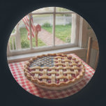 4th of July American Flag Cherry Pie Pappteller<br><div class="desc">Cherry pie with an American flag lattice crust on a red and white checkered tablecloth by a farmhouse window</div>