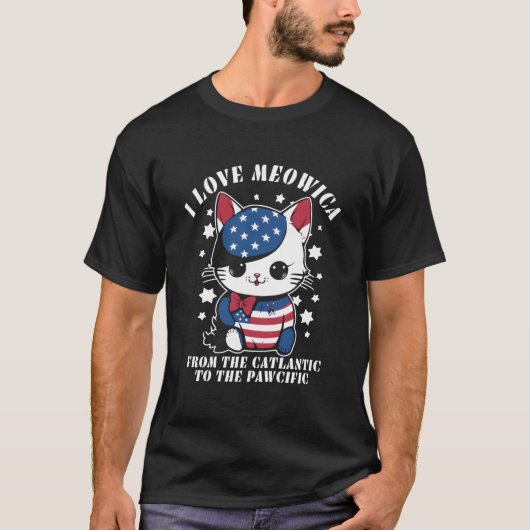 4Th Of July American Flag I Love Meowica Cat T-Shirt (Vorderseite)
