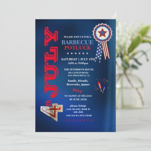 4th of July Barbecue Potluck Party  Einladung (Stehend Vorderseite)