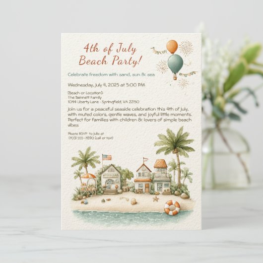 4th of July Beach Party Invitation – Soft Line Art Einladung (Stehend Vorderseite)
