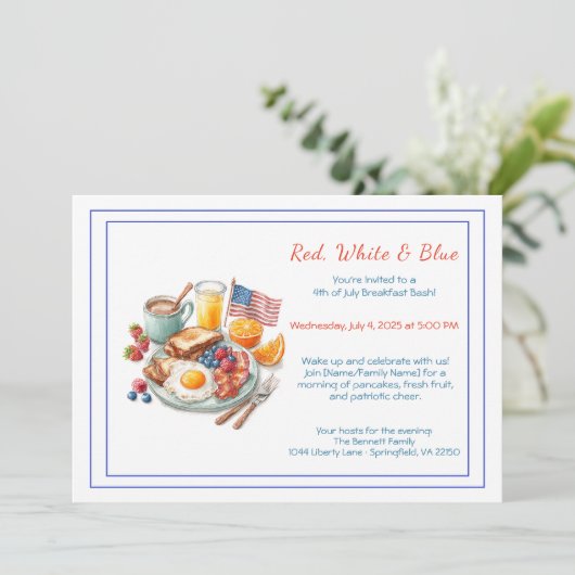 4th of July Breakfast Invitation – Patriotic Einladung (Stehend Vorderseite)