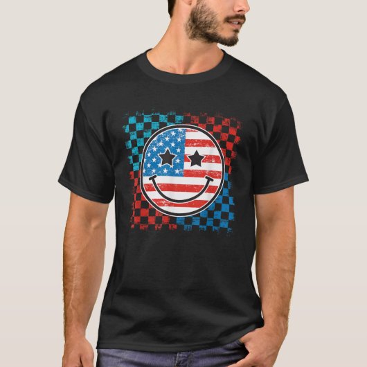 4th Of July Checkered Smile Face Red White Blue US T-Shirt (Vorderseite)