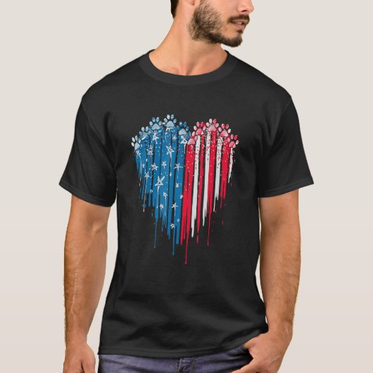 4th Of July Dog Paw Heart American Flag T-Shirt (Vorderseite)