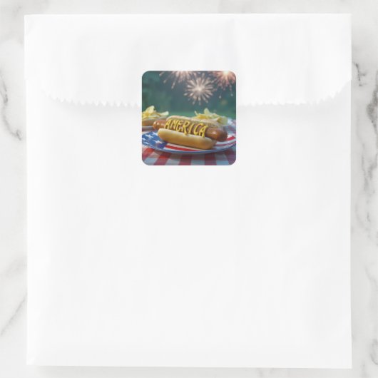 4th of July Hot Dog and Fireworks Quadratischer Aufkleber (Tasche)