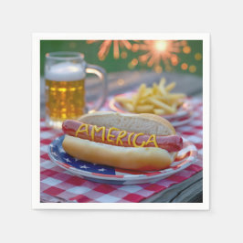 4th of July Hot Dog With Beer and Fries Serviette