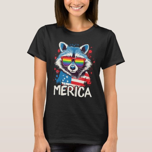 4th Of July Merica Raccoon LGBT Pride Sunglasses T-Shirt (Vorderseite)