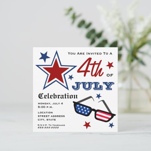 4th of July Patriotic American Flag Sungasse Einladung (Stehend Vorderseite)