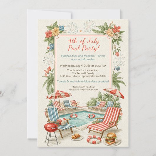 4th of July Pool Party Invitation – Elegant Line Einladung (Vorderseite)