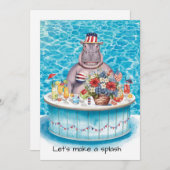 4th of July Pool Party with Hippo  Einladung (Vorne/Hinten)
