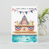 4th of July Pool Party with Hippo Einladung (Stehend Vorderseite)