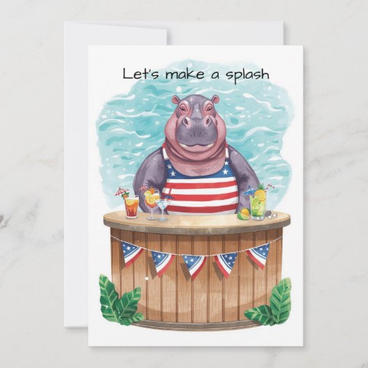 4th of July Pool Party with Hippo Einladung (Vorderseite)