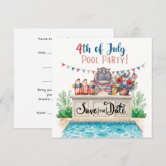 4th of July Pool Party with Hippo Save The Date (Vorne/Hinten)