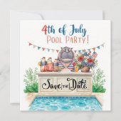 4th of July Pool Party with Hippo Save The Date (Vorderseite)