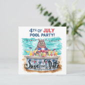 4th of July Pool Party with Hippo Save The Date (Stehend Vorderseite)