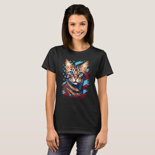 4th Of July US Flag Bengal Cat T-Shirt (Vorne ganz)